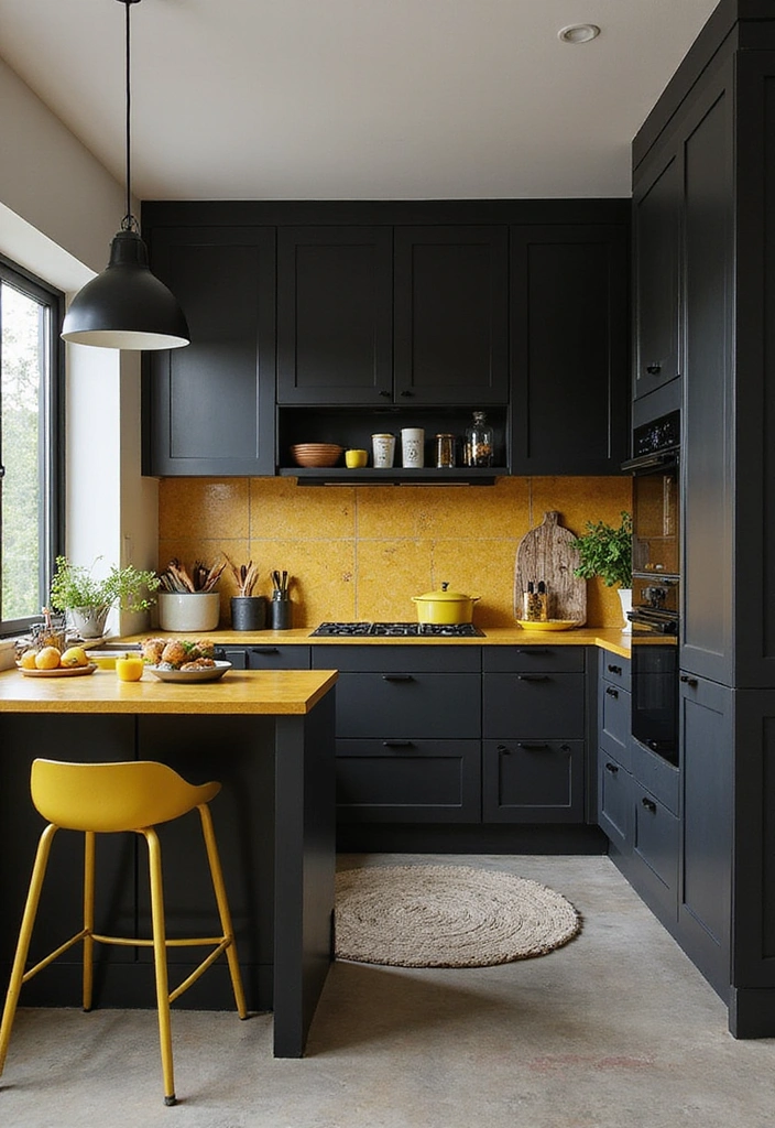 20 Eye-Catching Kitchen Cabinet Color Combos for a Modern Look - 3. Bold Black and Bright Yellow