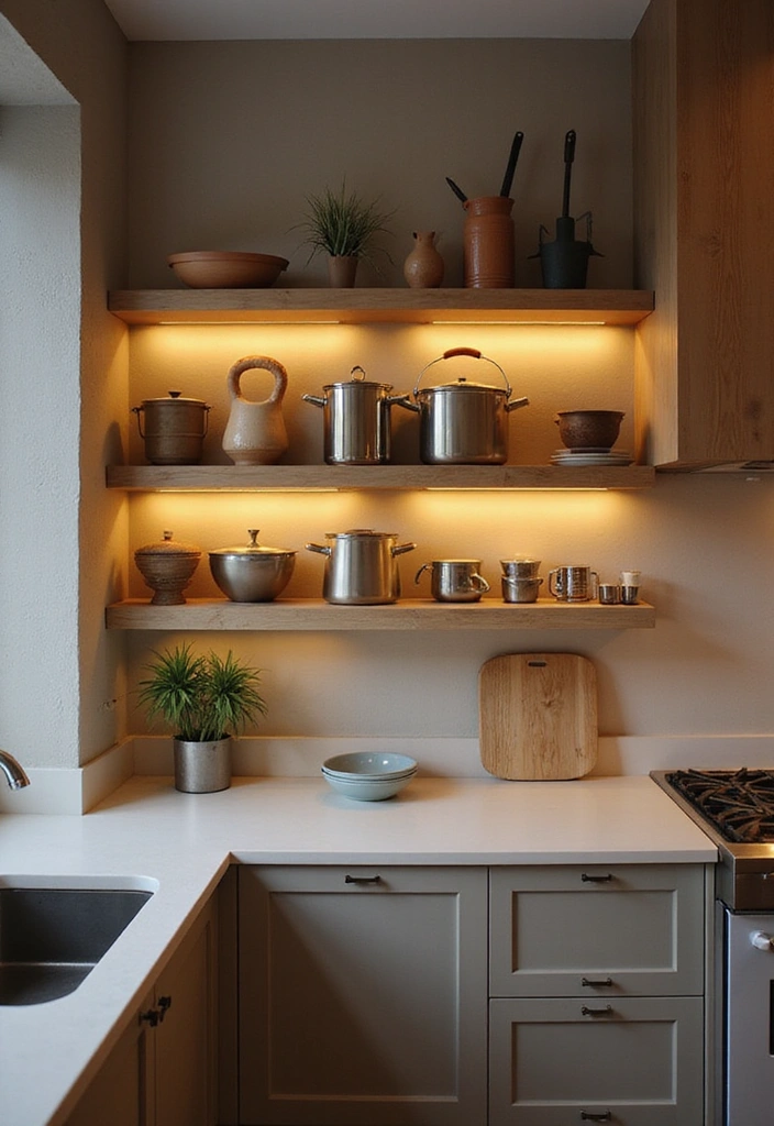 25 Compact Open Shelving Solutions for Small Modern Kitchens That Maximize Space! - 1. Floating Shelves with Built-in Lighting