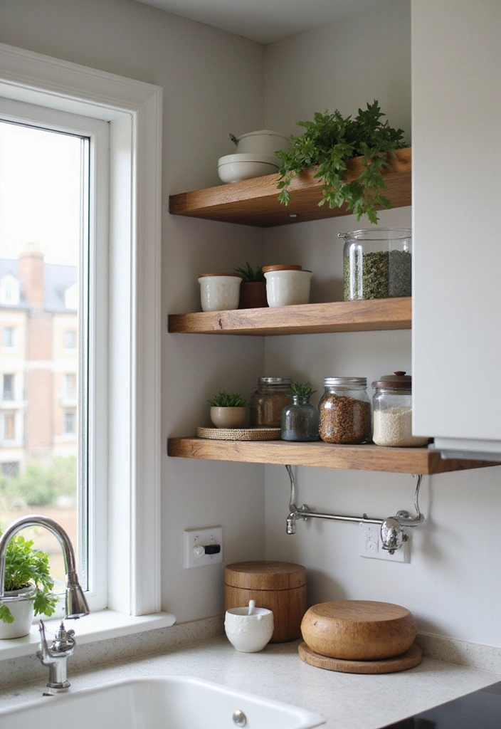 25 Compact Open Shelving Solutions for Small Modern Kitchens That Maximize Space! - 3. Corner Shelves for Unused Spaces