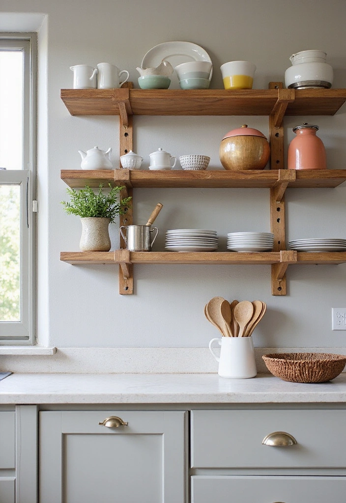 25 Compact Open Shelving Solutions for Small Modern Kitchens That Maximize Space! - 13. Stylish Dish Rack as Decor