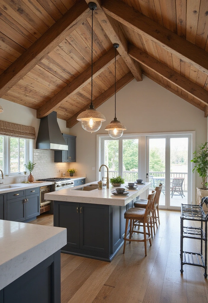 20 Modern Farmhouse Kitchen Ideas That Blend Rustic and Chic - 3. Rustic Wood Beams with Modern Lighting