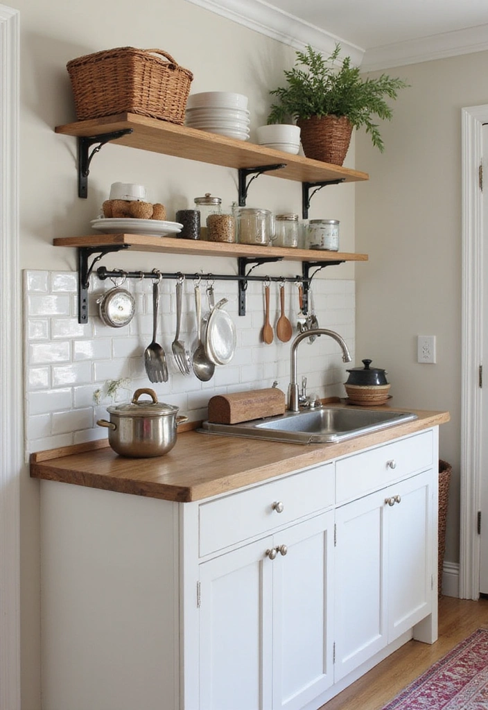 25 Compact Open Shelving Solutions for Small Modern Kitchens That Maximize Space! - 9. Utilitarian Shelving with Added Hooks
