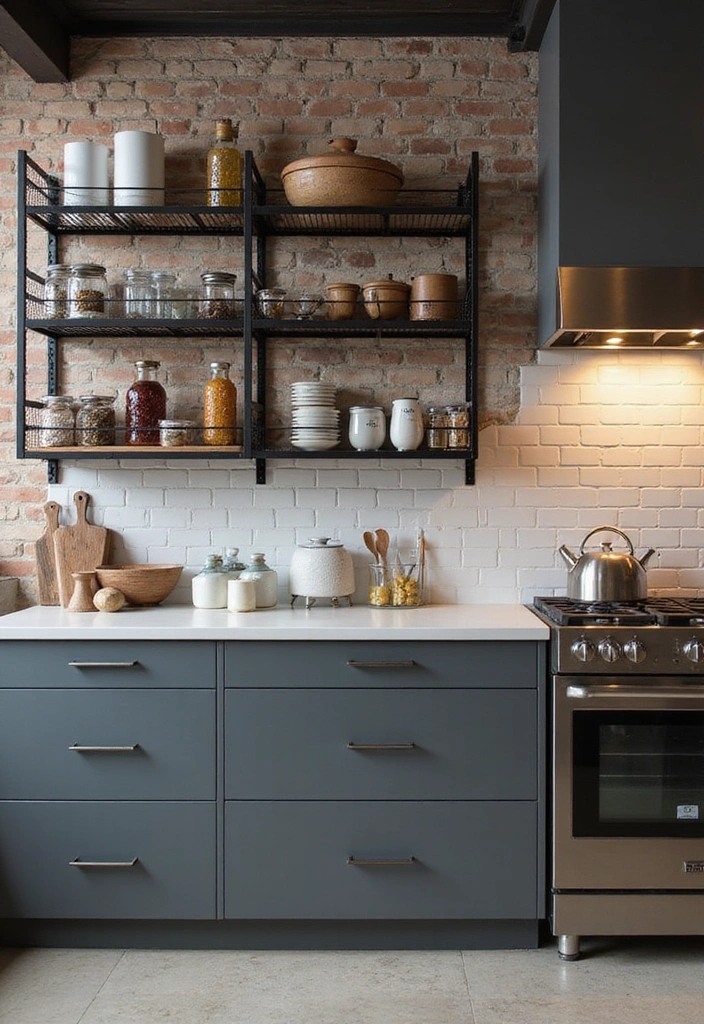 25 Compact Open Shelving Solutions for Small Modern Kitchens That Maximize Space! - 10. Wire Shelving for an Industrial Feel