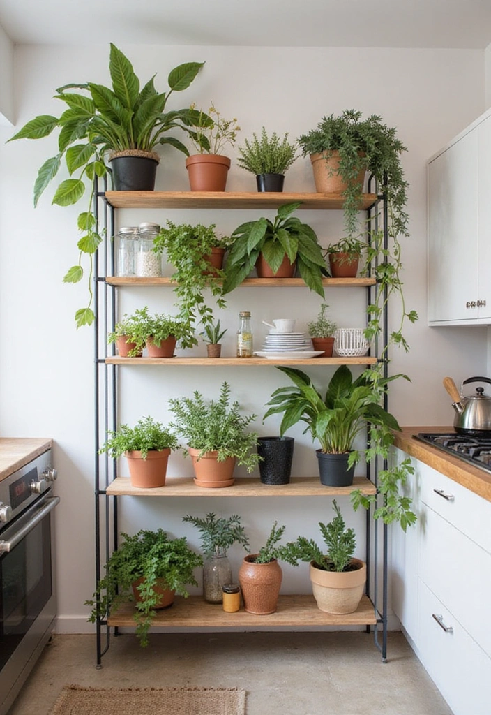 25 Compact Open Shelving Solutions for Small Modern Kitchens That Maximize Space! - 14. Ladder-style Shelves for Vertical Storage