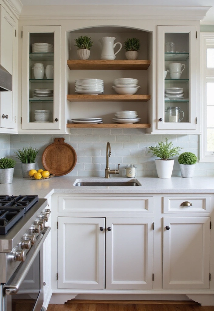 25 Compact Open Shelving Solutions for Small Modern Kitchens That Maximize Space! - 18. Open Cabinets with Glass Doors