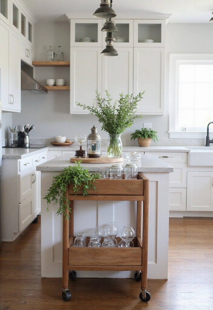 20 Modern Farmhouse Kitchen Ideas That Blend Rustic and Chic - 7. Chic Bar Carts as Functional Decor