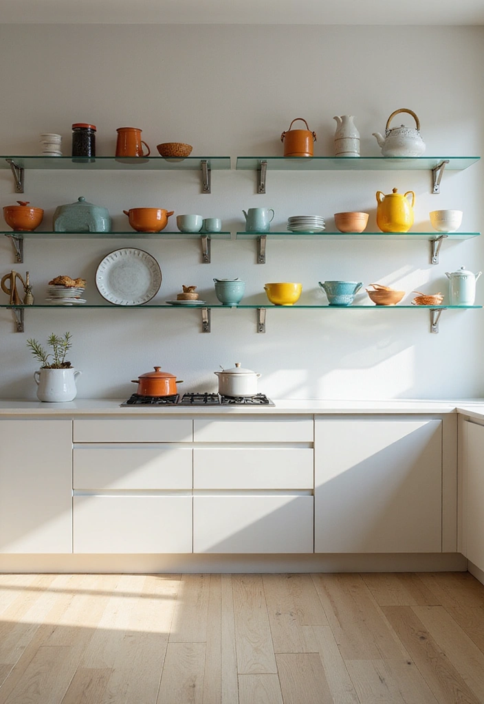 25 Compact Open Shelving Solutions for Small Modern Kitchens That Maximize Space! - 6. Transparent Glass Shelves