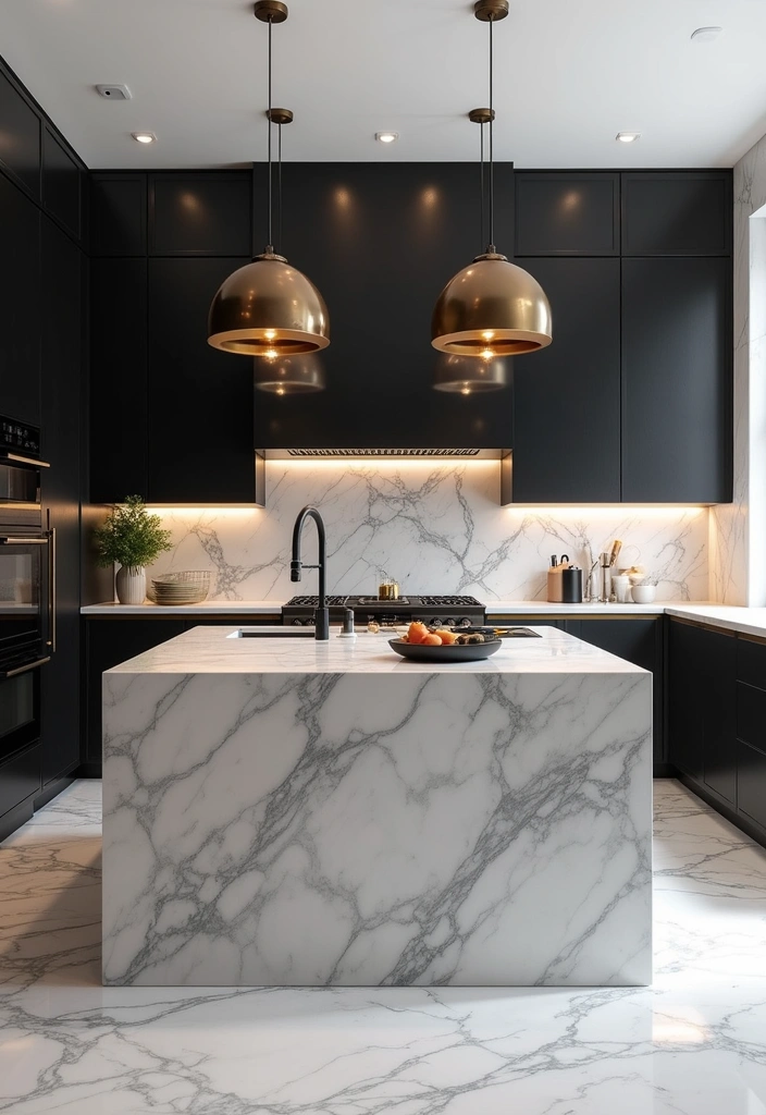 18 Luxurious Black and White Modern Kitchens That Are Worth Every Penny! - 1. Monochrome Marvel with Marble Accents