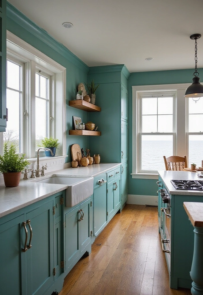20 Eye-Catching Two-Tone Kitchen Cabinets That'll Inspire Your Next Renovation! - 12. Bold Teal and Warm Maple