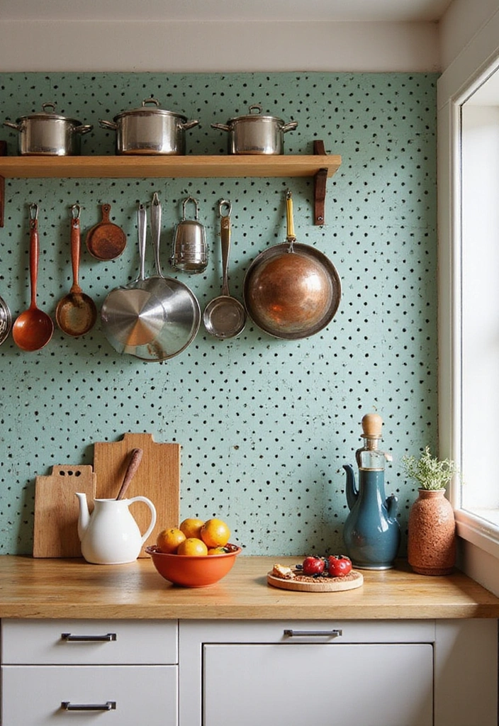25 Compact Open Shelving Solutions for Small Modern Kitchens That Maximize Space! - 19. Pegboard Shelving Systems