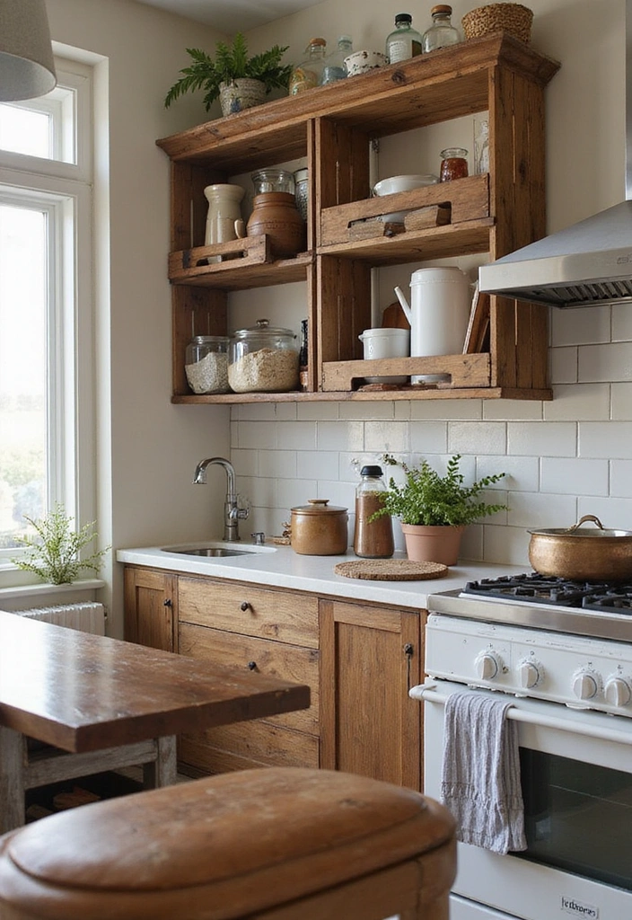 25 Compact Open Shelving Solutions for Small Modern Kitchens That Maximize Space! - 17. Vintage Crates as Open Shelving