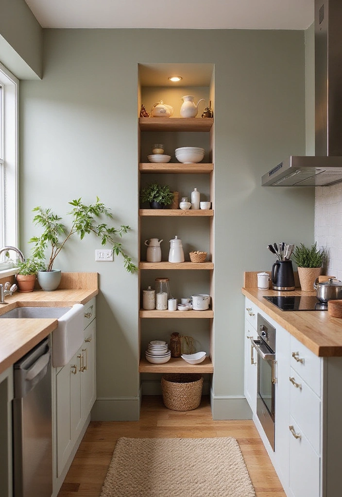 25 Compact Open Shelving Solutions for Small Modern Kitchens That Maximize Space! - 11. Slimline Shelving Units
