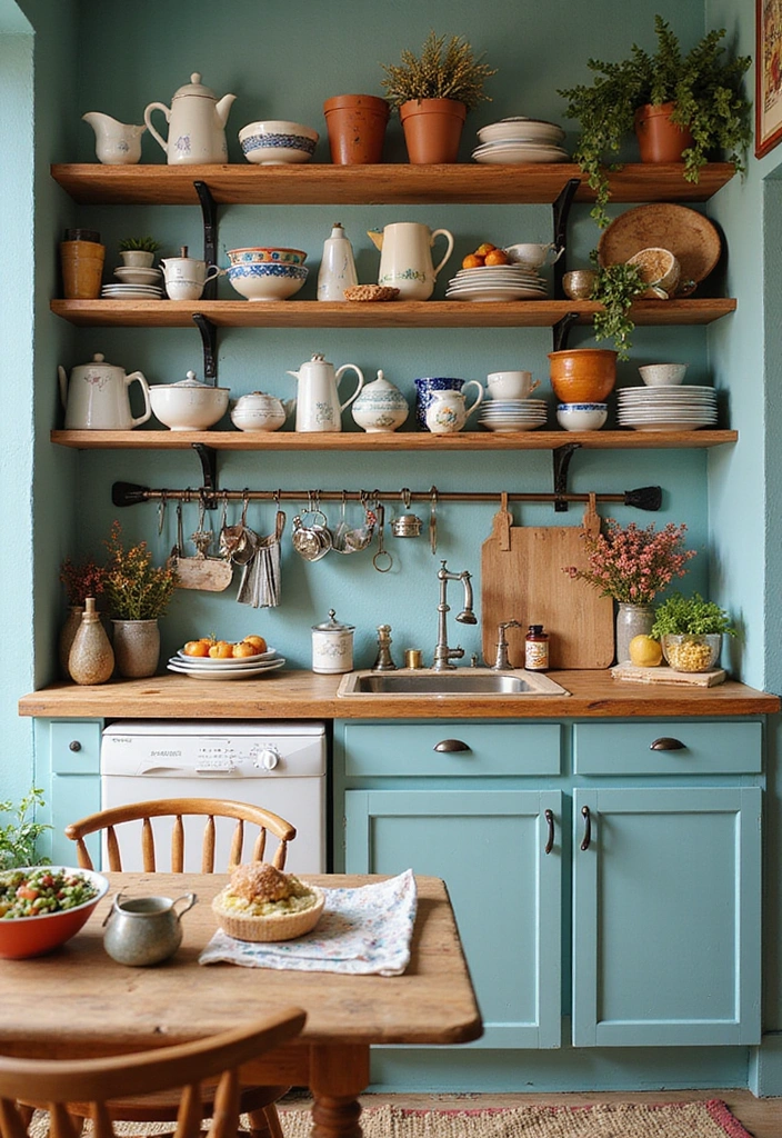 25 Compact Open Shelving Solutions for Small Modern Kitchens That Maximize Space! - 8. Painted Open Shelving