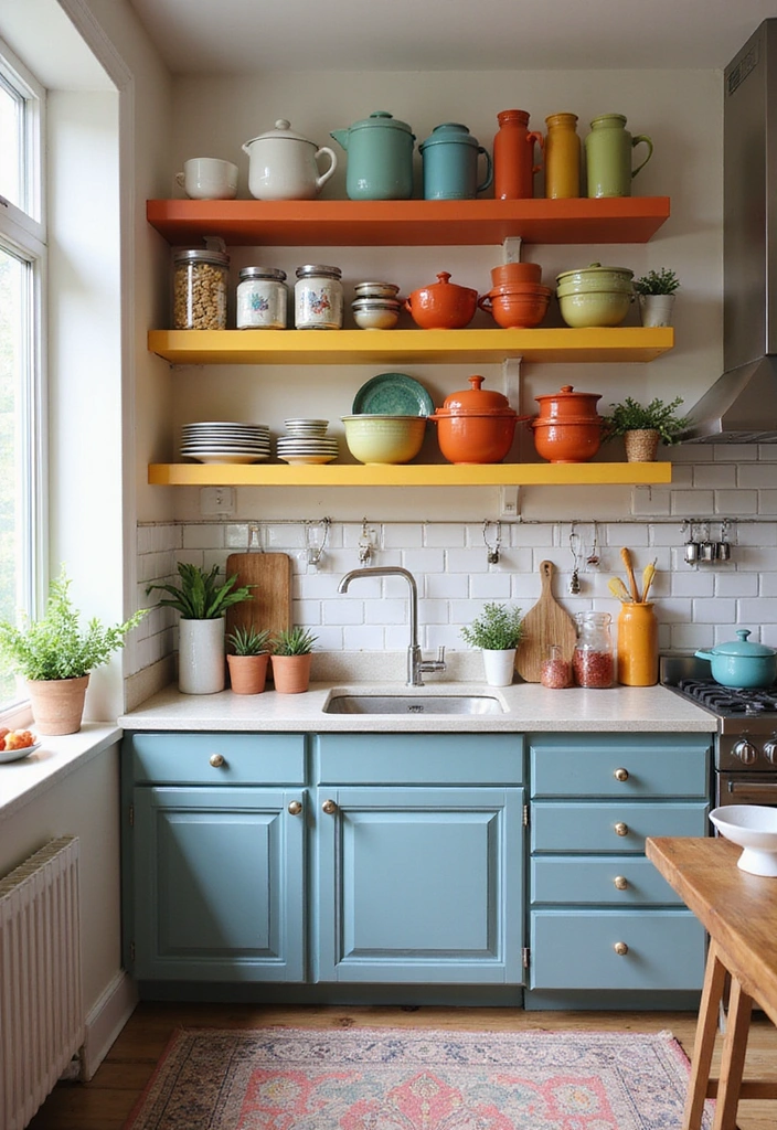25 Compact Open Shelving Solutions for Small Modern Kitchens That Maximize Space! - 15. Color-coded Open Shelving