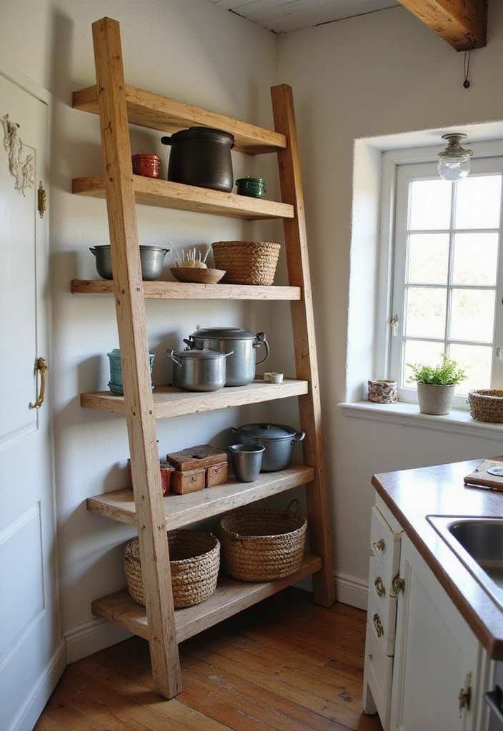 25 Compact Open Shelving Solutions for Small Modern Kitchens That Maximize Space! - 2. Ladders as Shelving Units