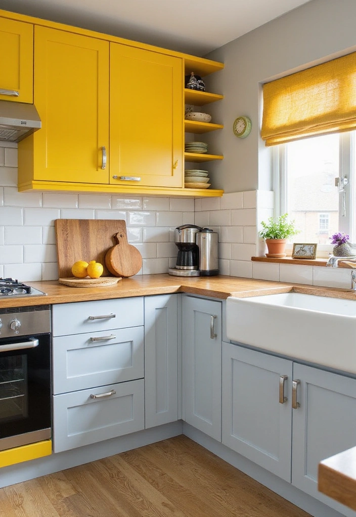 20 Eye-Catching Two-Tone Kitchen Cabinets That'll Inspire Your Next Renovation! - 11. Vibrant Yellow and Light Grey