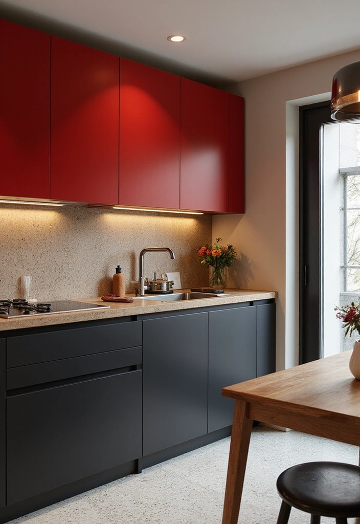 20 Eye-Catching Two-Tone Kitchen Cabinets That'll Inspire Your Next Renovation! - 3. Bold Red and Deep Black