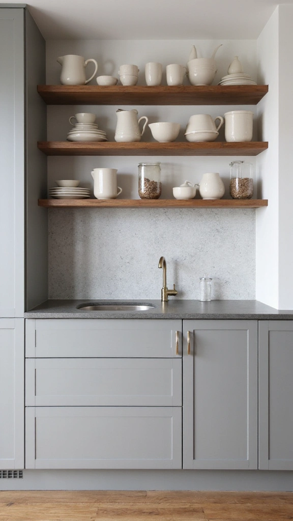 20 Modern Grey and Wood Kitchen Inspirations That Will Leave You Speechless! - 2. Minimalist Grey and Wood Kitchen with Open Shelving