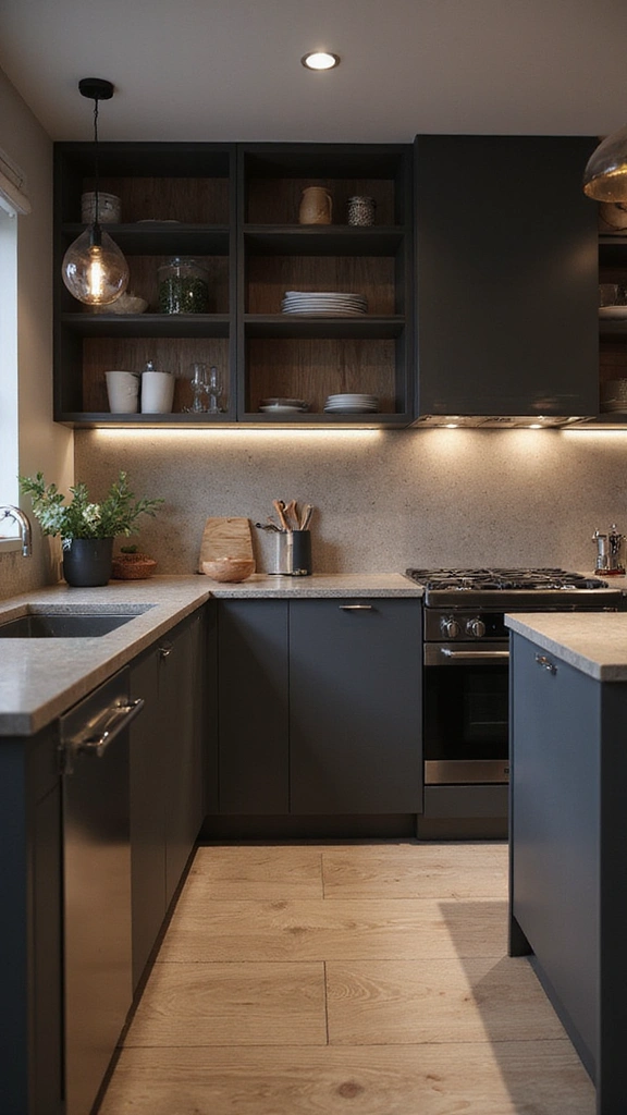 20 Modern Grey and Wood Kitchen Inspirations That Will Leave You Speechless! - 9. Urban Grey and Wood Kitchen with Elegant Lighting