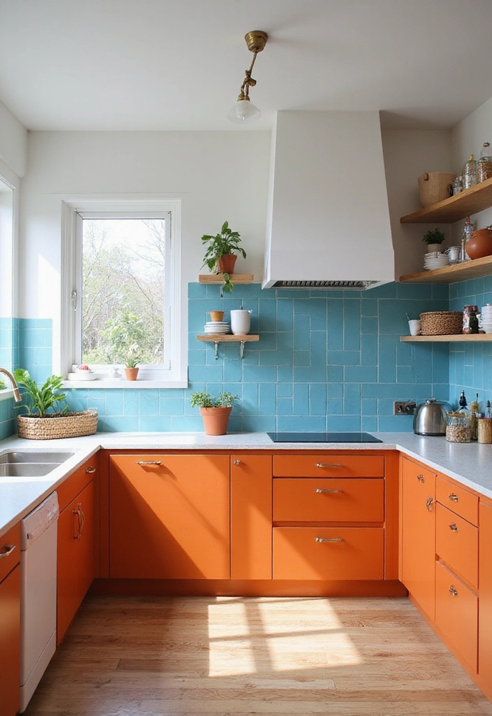20 Fresh Orange Kitchen Styles That Will Make You Want to Redecorate ASAP! - 14. Orange and Blue Coastal Vibes