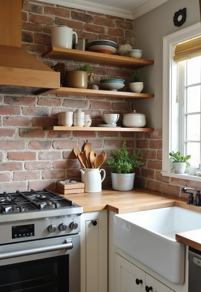 20 Farmhouse Kitchen Brick Backsplash Ideas That'll Make You Say 'Wow!' - 6. Rustic Brick with Open Shelving