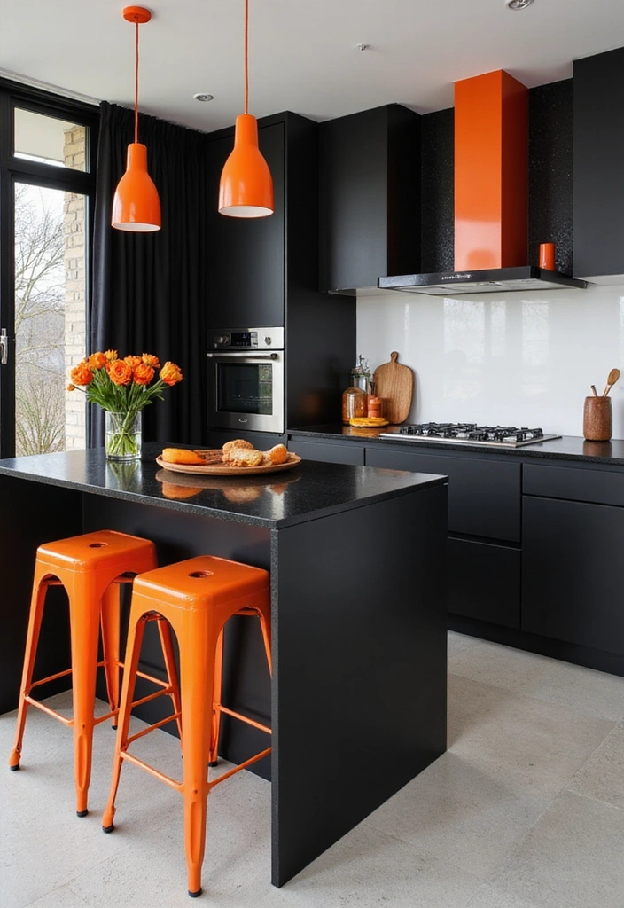 20 Fresh Orange Kitchen Styles That Will Make You Want to Redecorate ASAP! - 16. Orange Accents in a Black and White Kitchen