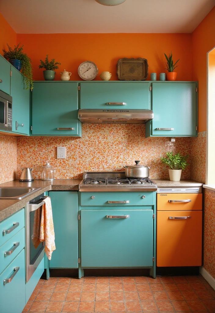 20 Fresh Orange Kitchen Styles That Will Make You Want to Redecorate ASAP! - 5. Orange and Teal Retro Vibes