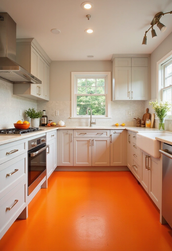 20 Fresh Orange Kitchen Styles That Will Make You Want to Redecorate ASAP! - 9. Bold Orange Flooring