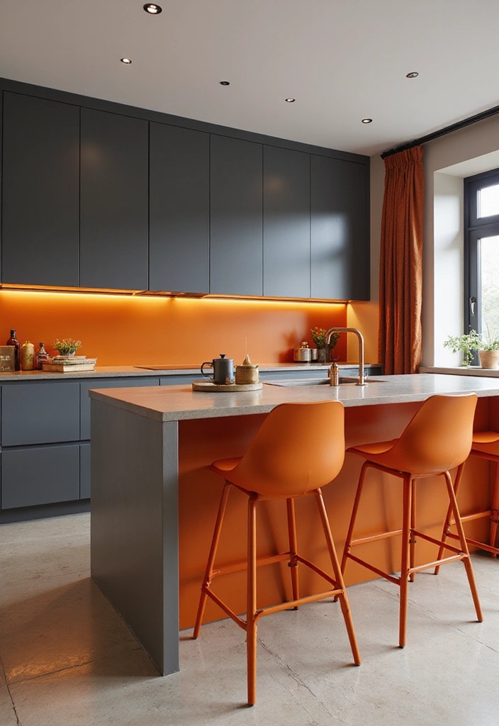 20 Fresh Orange Kitchen Styles That Will Make You Want to Redecorate ASAP! - 2. Orange and Gray Modern Fusion