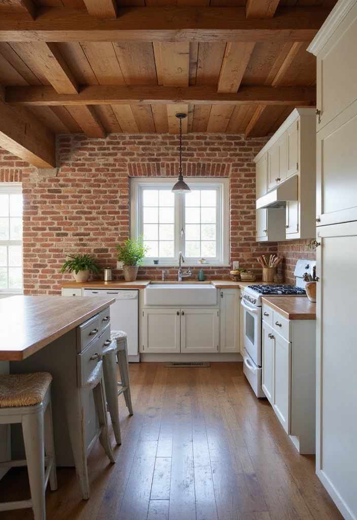 20 Farmhouse Kitchen Brick Backsplash Ideas That'll Make You Say 'Wow!' - 13. Brick with Wood Beams