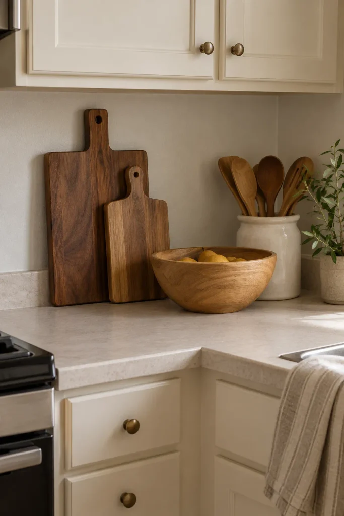 Walnut cutting boards, a wooden fruit bowl, and a ceramic utensil crock on a neutral apartment kitchen counter.