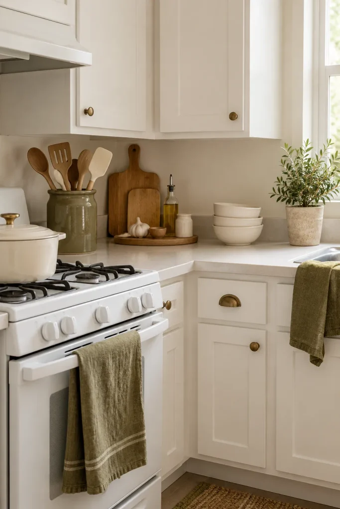 Olive green towels and a matching utensil crock paired with cream dishes and white kitchen cabinets.