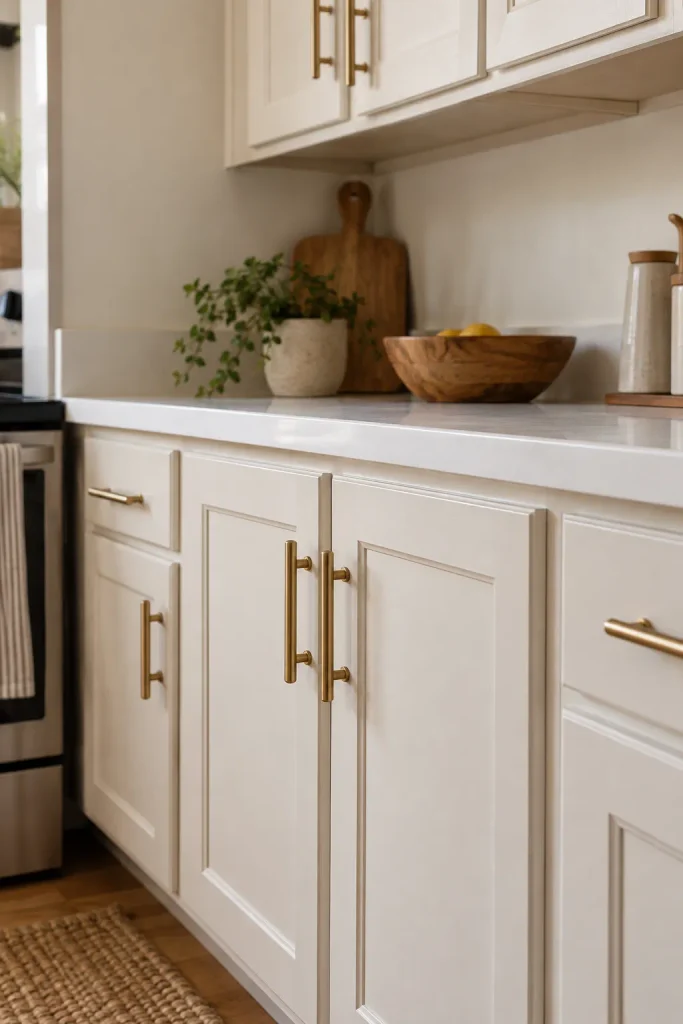 Slim brushed brass handles on off-white kitchen cabinets beneath a light countertop with wooden accents.