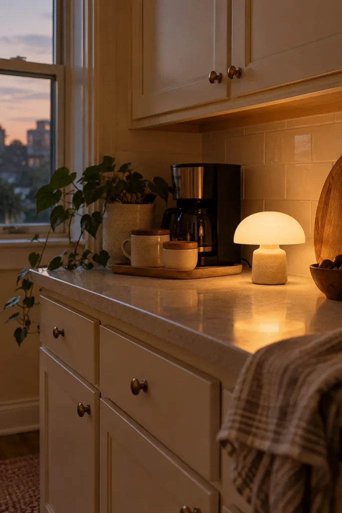 A small mushroom-shaped lamp casting warm light beside a coffee maker and ceramic cups on a kitchen counter.