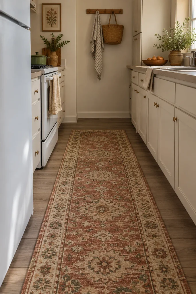 A vintage-style runner in muted rust and cream along the floor of a narrow galley kitchen with white cabinets.