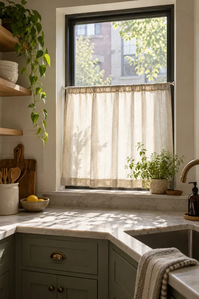 Ivory linen cafe curtains on a tension rod across the lower half of a sunlit kitchen window.