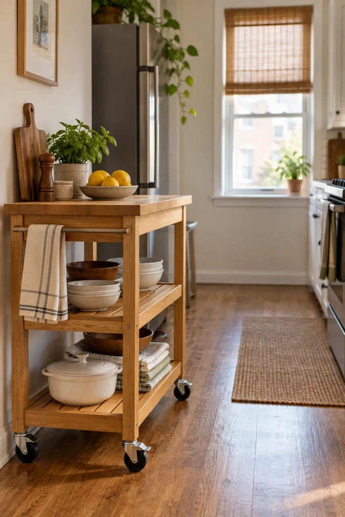 A freestanding wooden kitchen cart with caster wheels and open shelves holding ceramic bowls and folded towels.