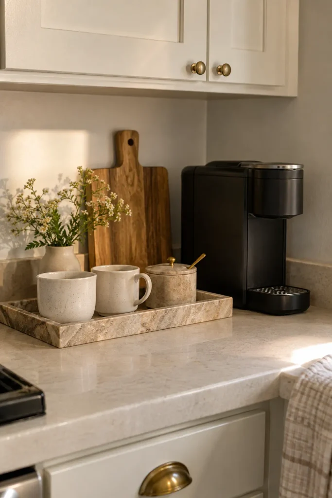 A stone tray holding cream coffee cups and a lidded sugar jar beside a compact black coffee maker.
