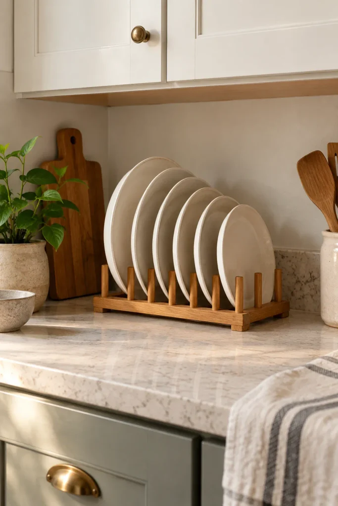 Cream ceramic plates arranged upright in a wooden countertop plate rack beneath white kitchen cabinets.