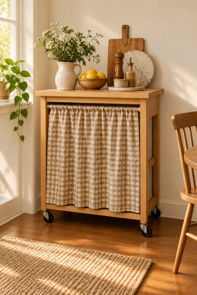 An oak kitchen cart with an oat-and-ivory gingham curtain concealing its shelves in a sunny dining nook.