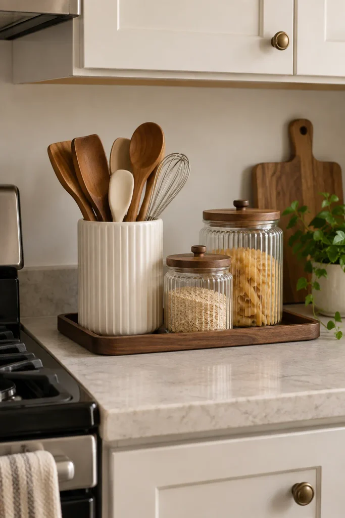 A ribbed ivory utensil crock and fluted glass storage jars with wooden lids grouped on a dark wood tray.