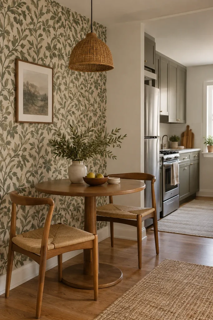 Olive botanical wallpaper behind a round wooden breakfast table and woven-seat chairs beside an apartment kitchen.