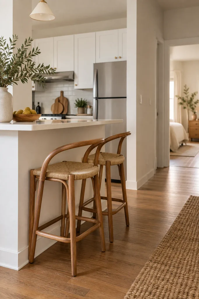 Two curved wooden stools with woven seats tucked beneath a white apartment kitchen breakfast bar.