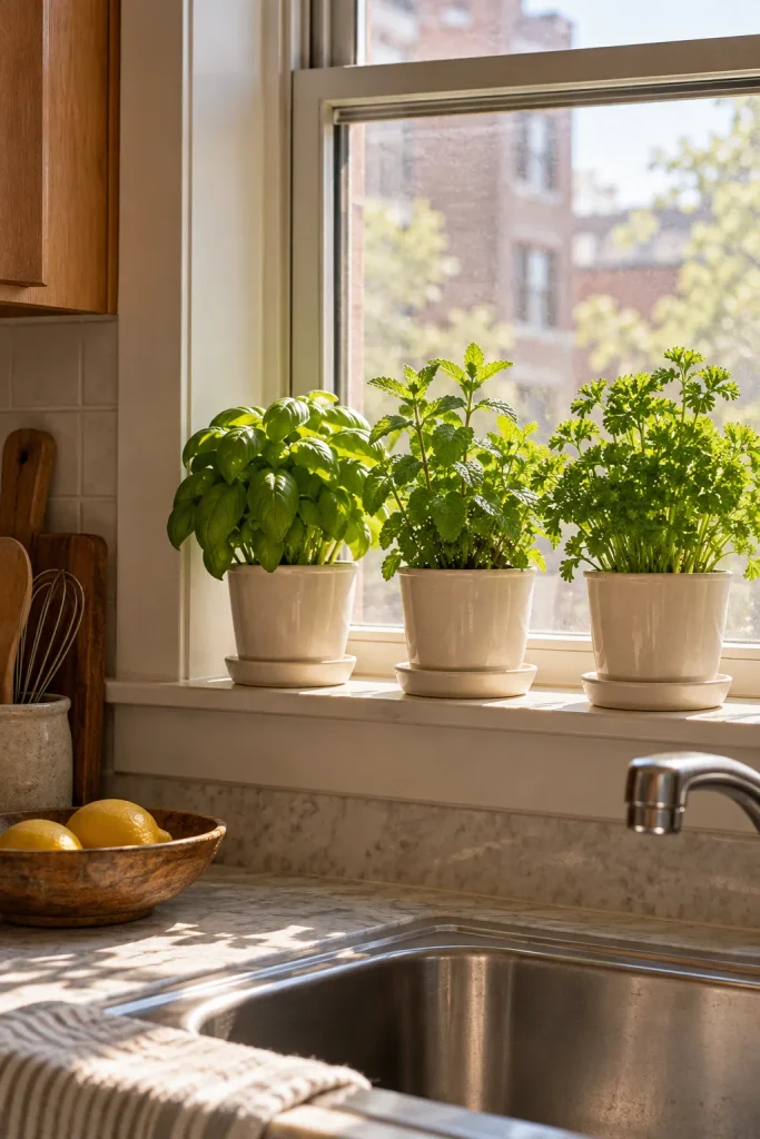 Basil, mint, and parsley in matching cream pots with saucers on a sunny kitchen windowsill above the sink.